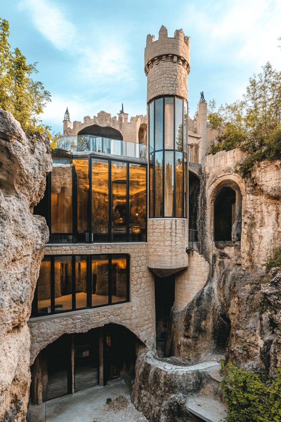 modern architecture underground cave castle with glass windows and towers 2