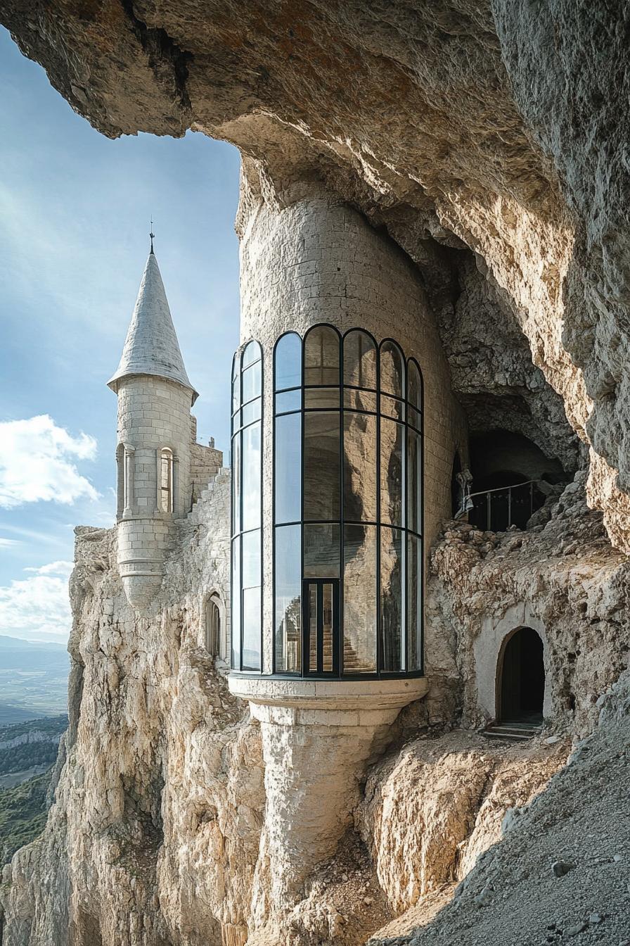 modern architecture underground cave castle with glass windows and towers 3