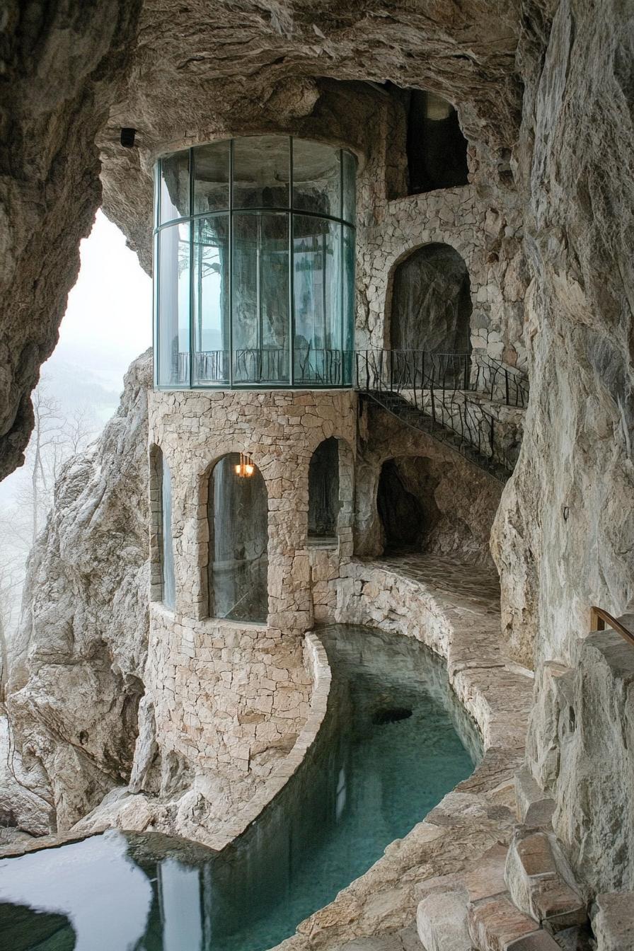 modern architecture underground cave castle with glass windows and towers