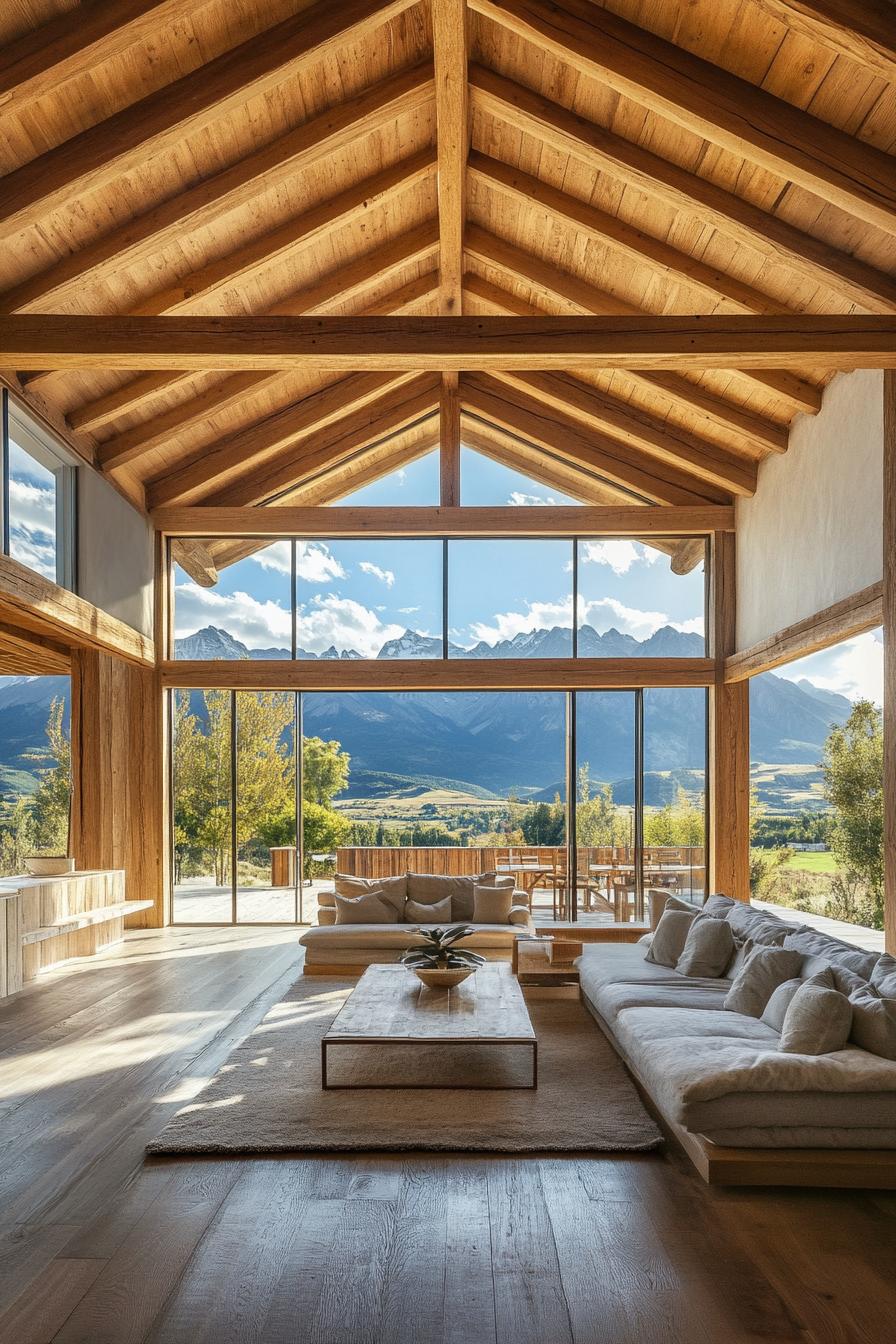 modern barn house vaulted ceiling with exposed wooden beams large windows with stunning mountain views 1