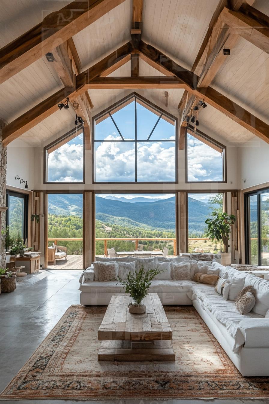 modern barn house vaulted ceiling with exposed wooden beams large windows with stunning mountain views 2