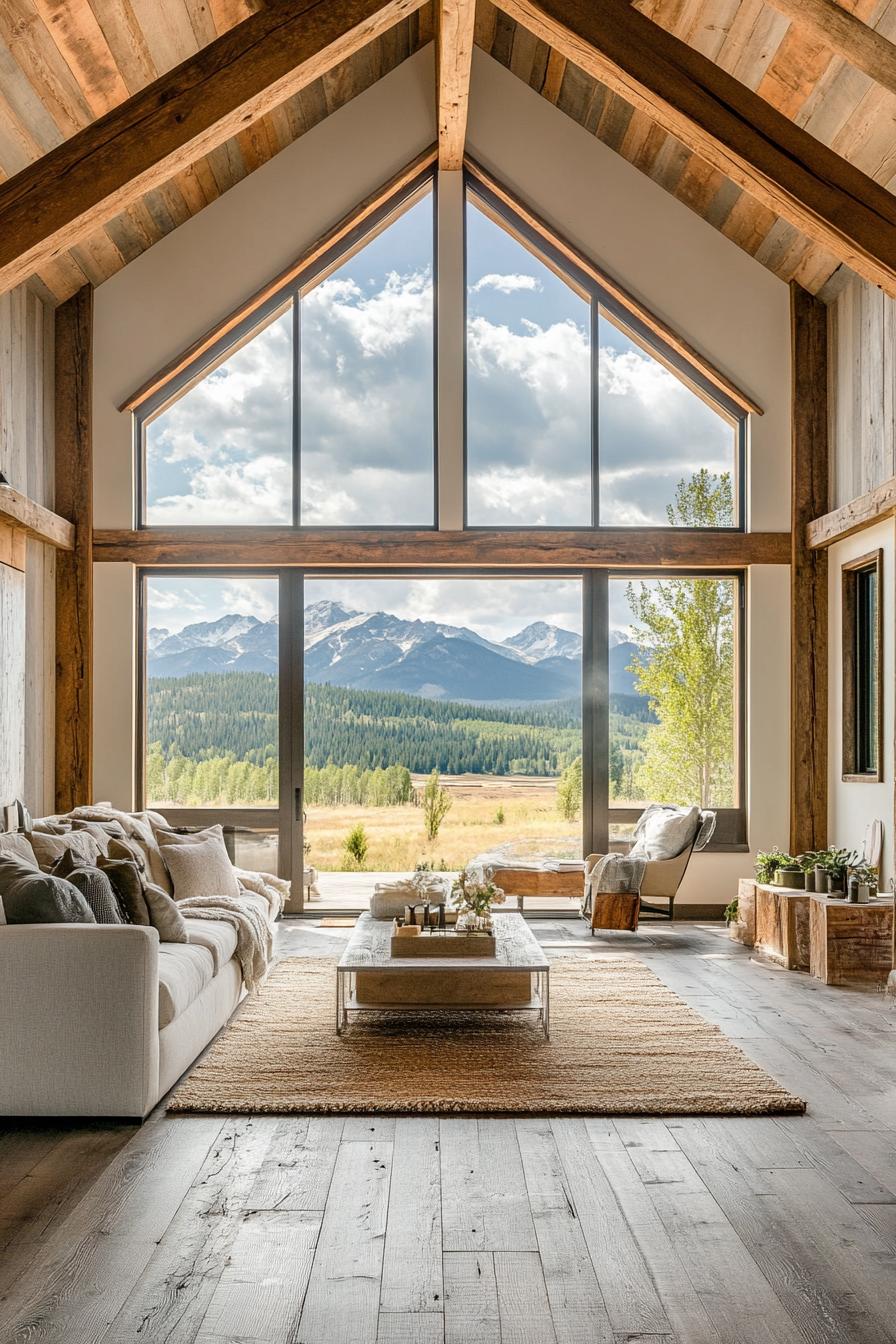 modern barn house vaulted ceiling with exposed wooden beams large windows with stunning mountain views 3