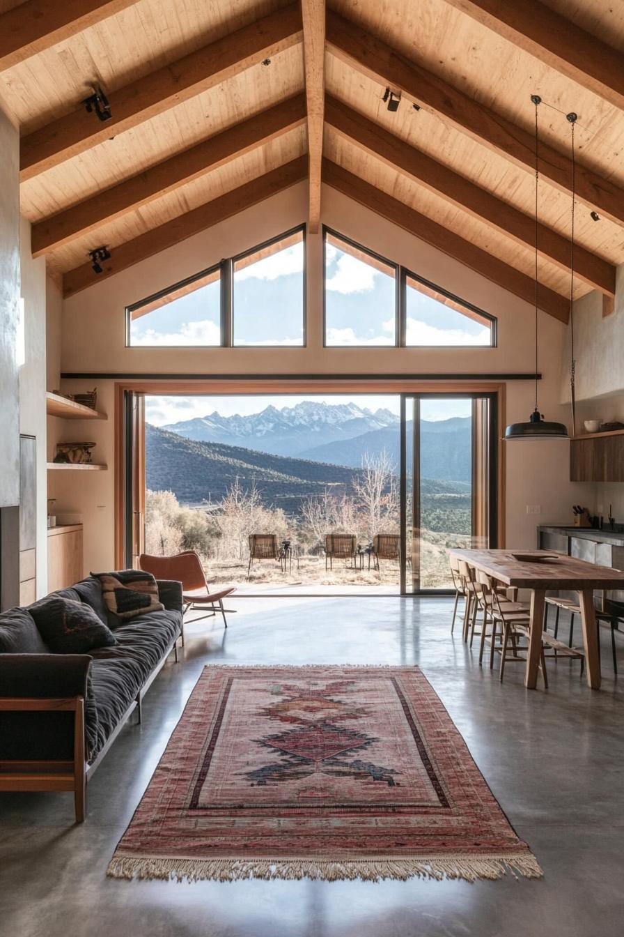 modern barn house vaulted ceiling with exposed wooden beams large windows with stunning mountain views