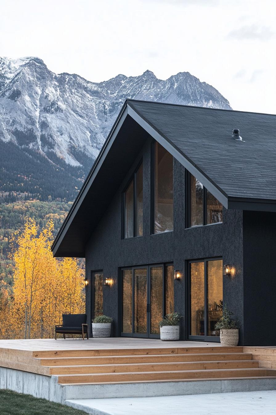 modern barndominium house black stucco facade with dark walnut porch stunning Canadian fall maple mountain views 1