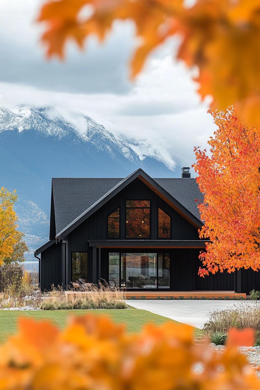 modern barndominium house black stucco facade with dark walnut porch stunning Canadian fall maple mountain views 2