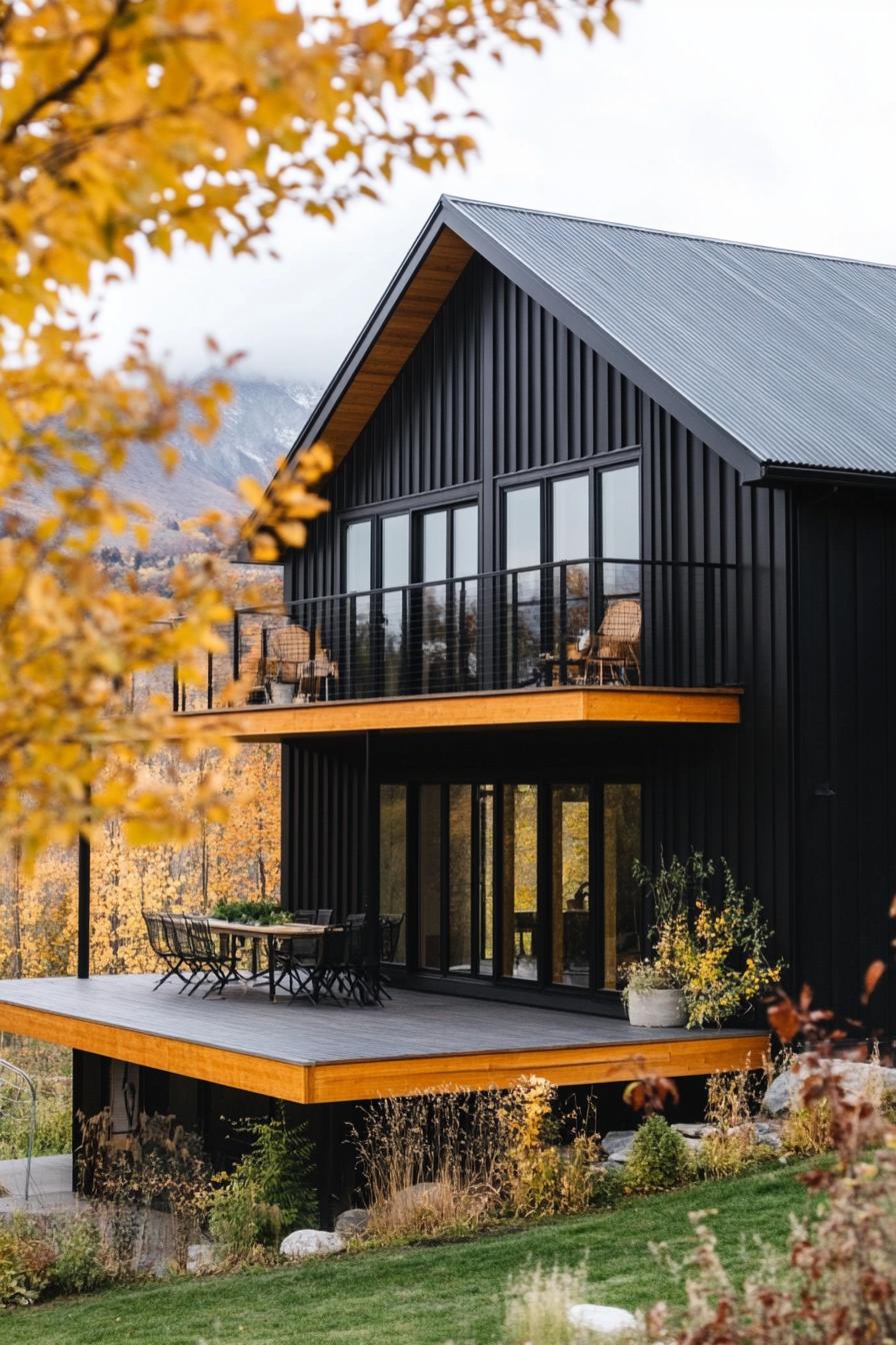 modern barndominium house black stucco facade with dark walnut porch stunning Canadian fall maple mountain views 3