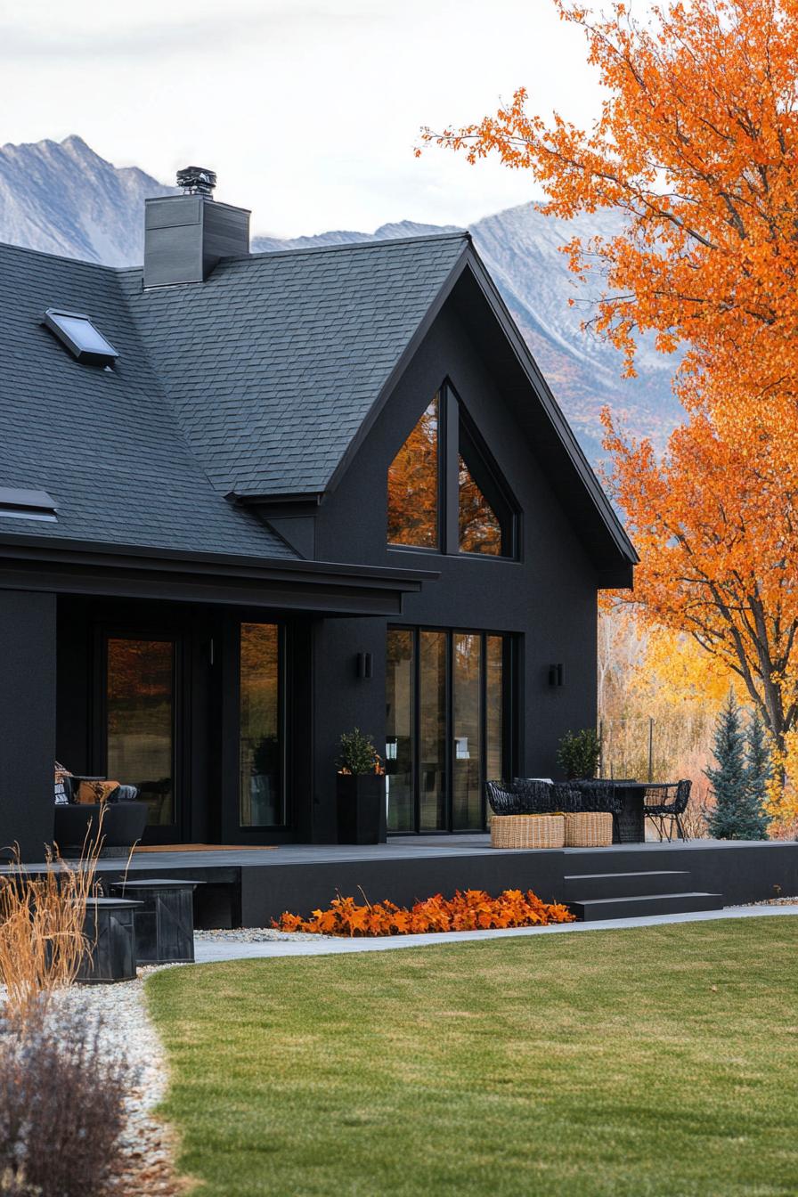 modern barndominium house black stucco facade with dark walnut porch stunning Canadian fall maple mountain views