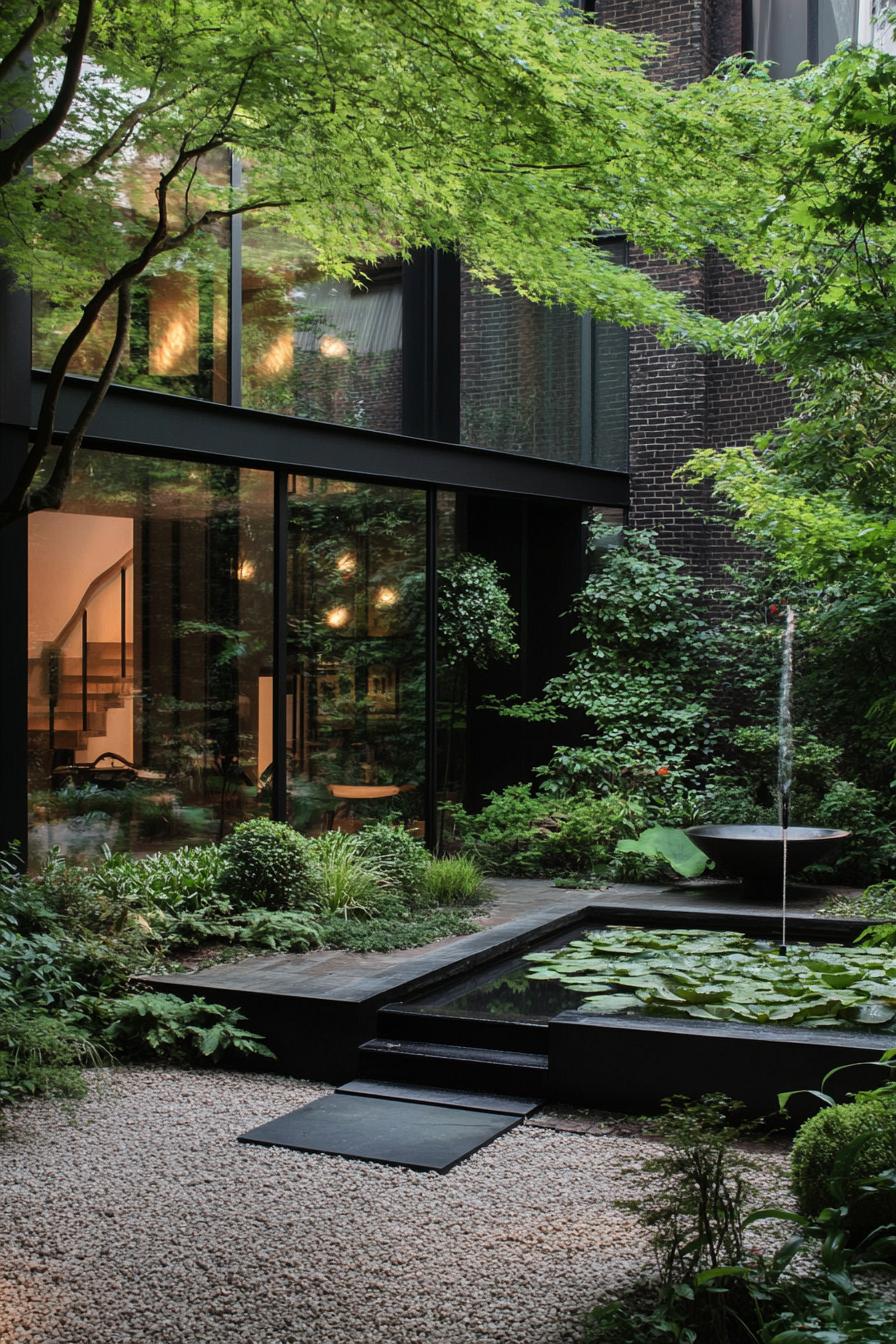 modern courtyard lush garden with statement fountain 1