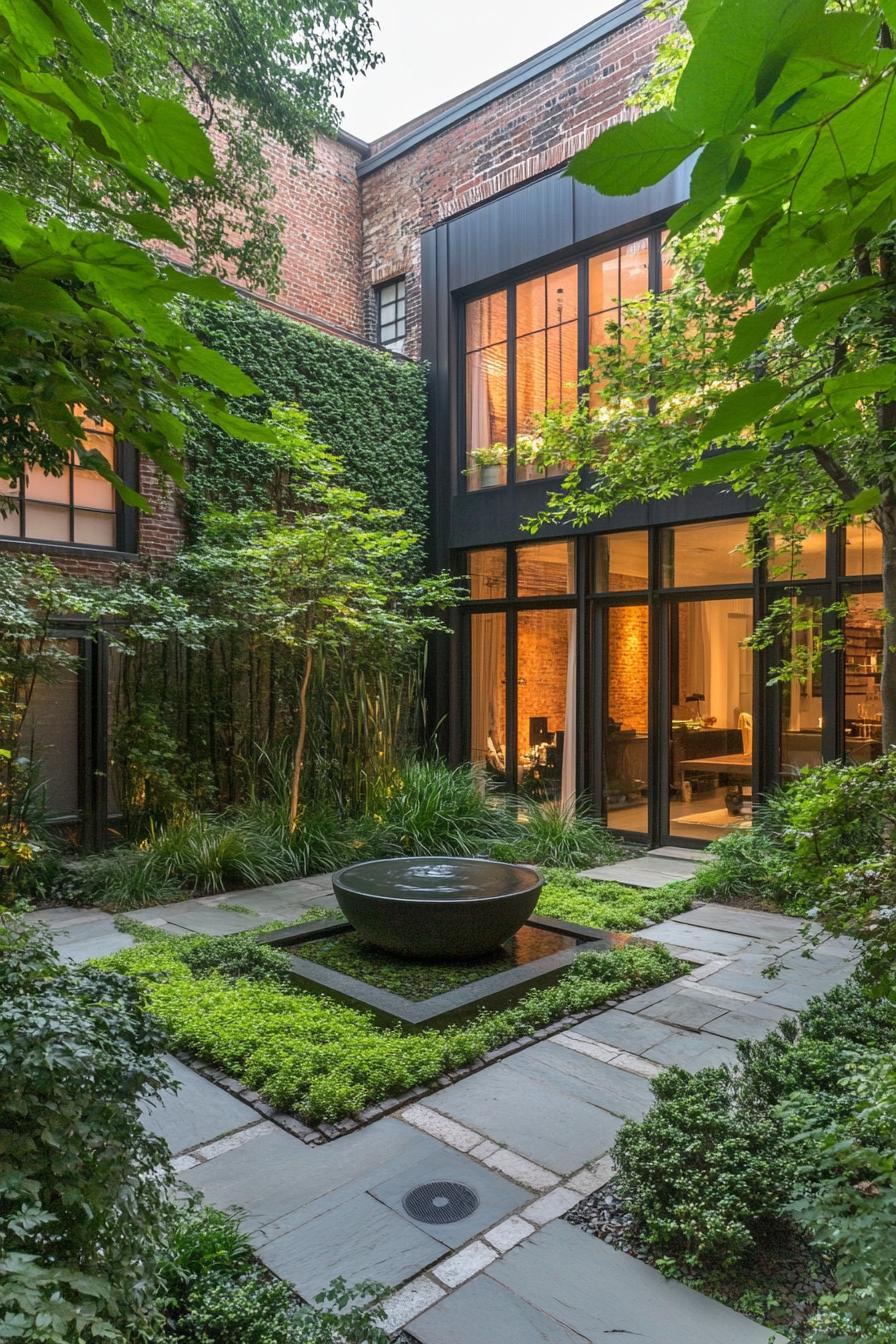 modern courtyard lush garden with statement fountain 2