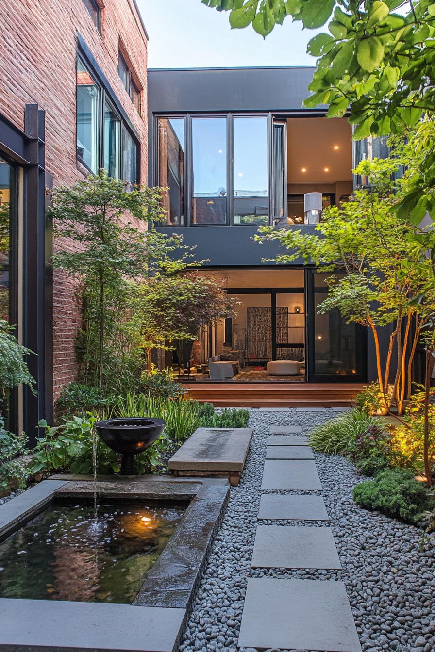 modern courtyard lush garden with statement fountain 3