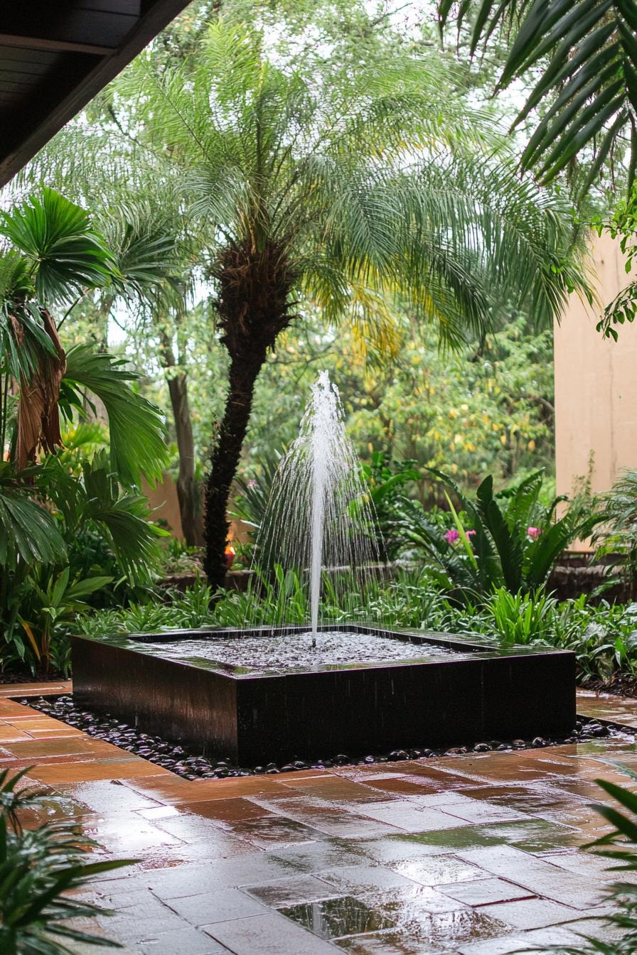 modern courtyard lush garden with statement fountain