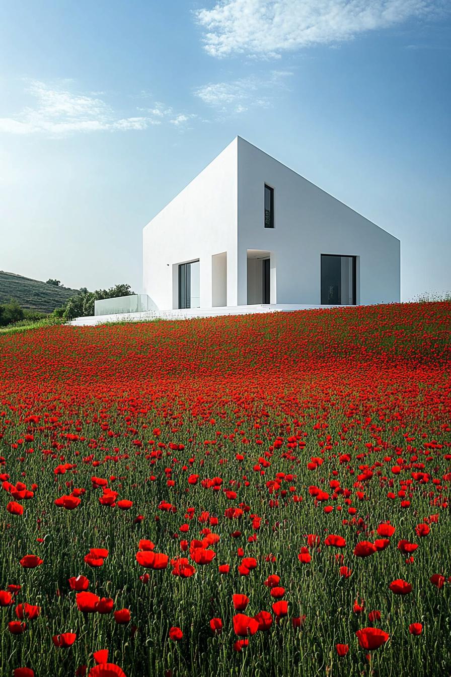 modern crisp white house in stunning red poppy fields 1