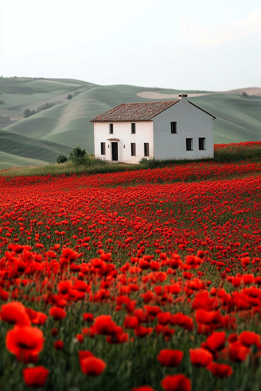 modern crisp white house in stunning red poppy fields 2