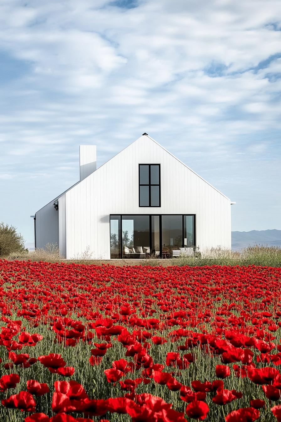 modern crisp white house in stunning red poppy fields 3