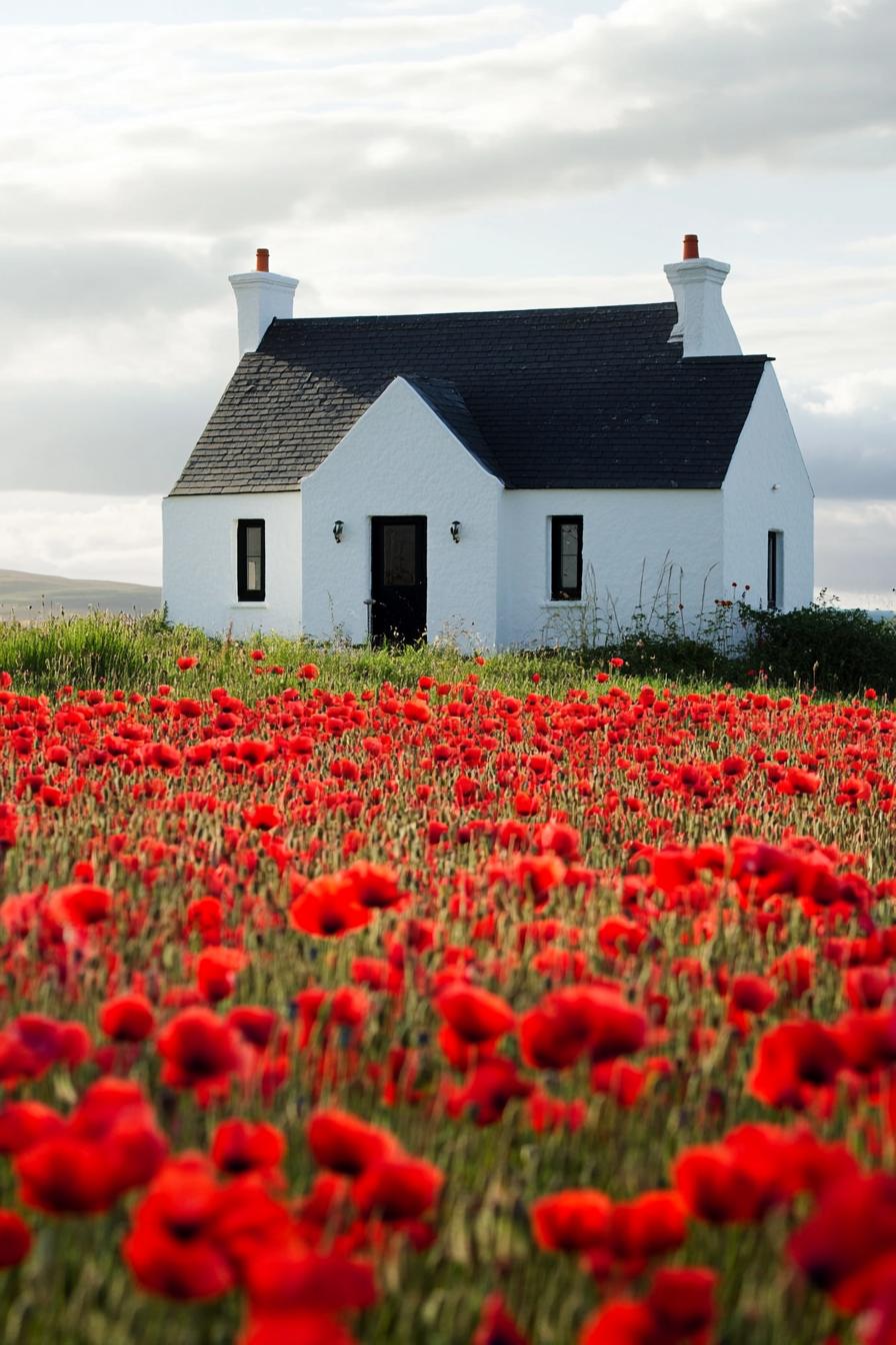 modern crisp white house in stunning red poppy fields