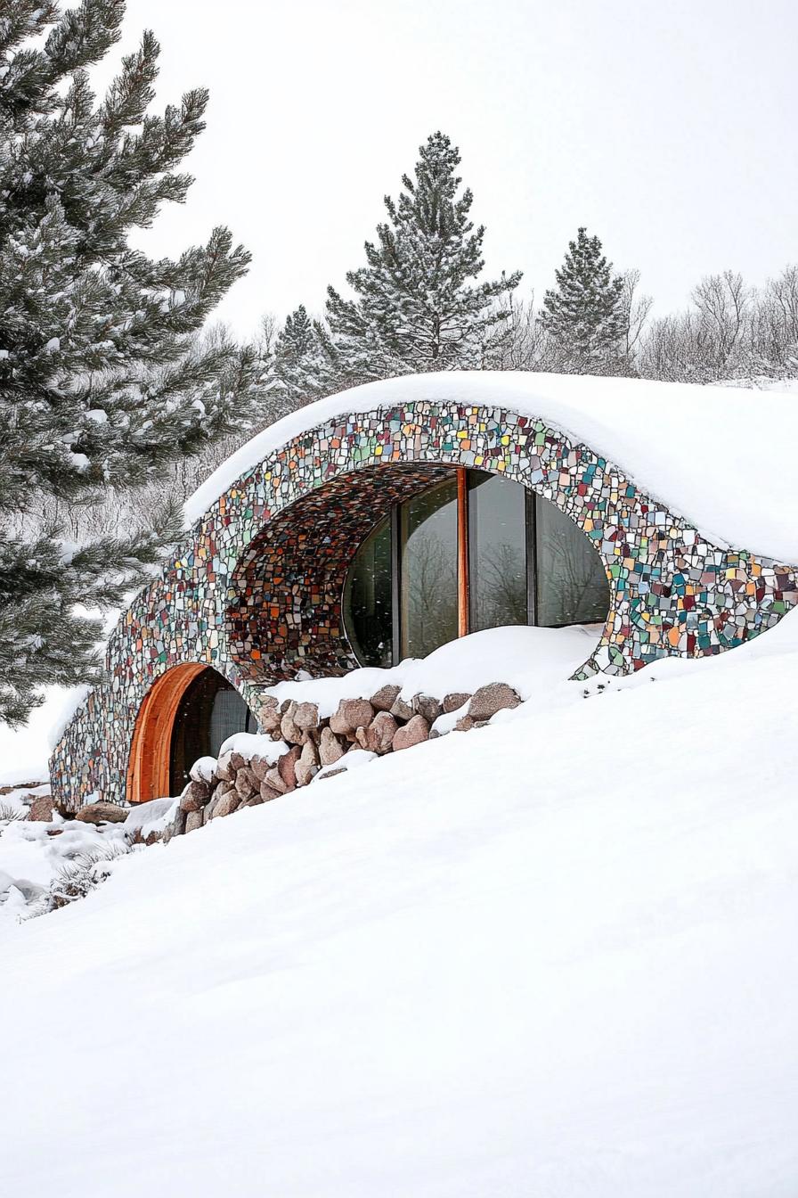 modern earth sheltered house built into a hill with recycled multicolor glass mosaic facade in winter covered in snow 1