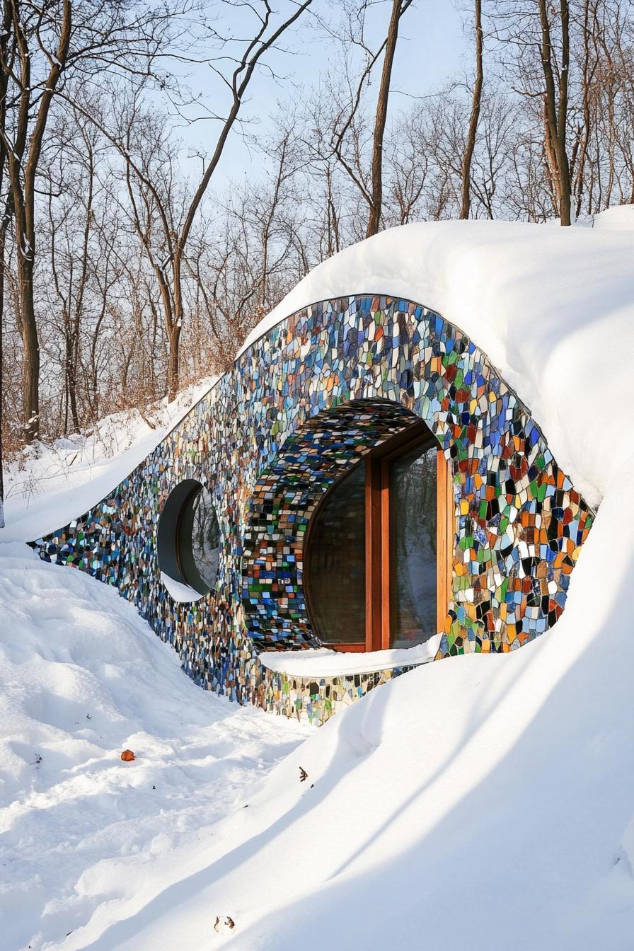 modern earth sheltered house built into a hill with recycled multicolor glass mosaic facade in winter covered in snow 2