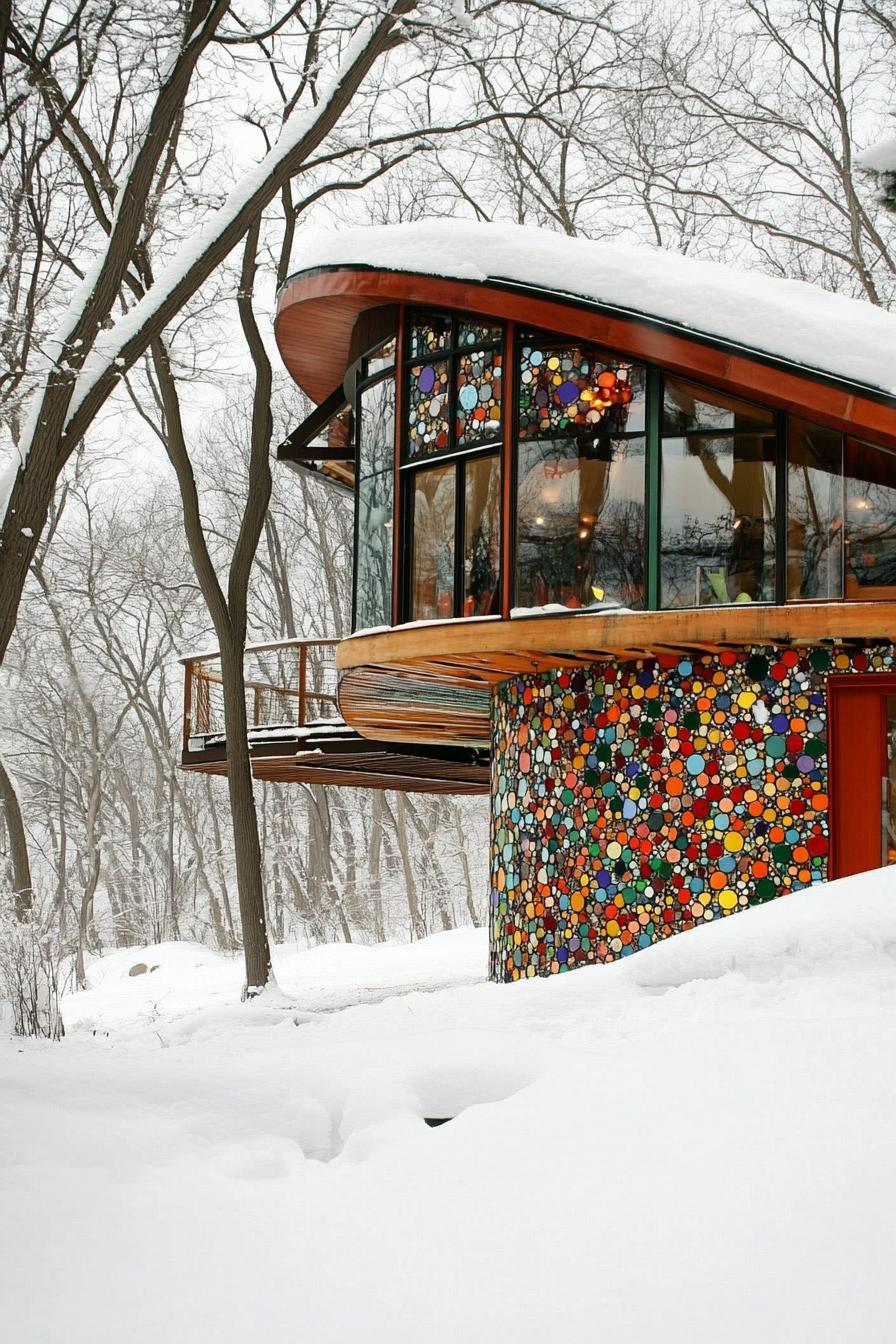 modern earth sheltered house built into a hill with recycled multicolor glass mosaic facade in winter covered in snow 3