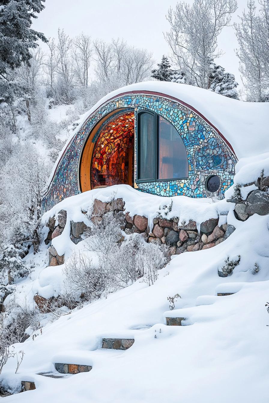 modern earth sheltered house built into a hill with recycled multicolor glass mosaic facade in winter covered in snow