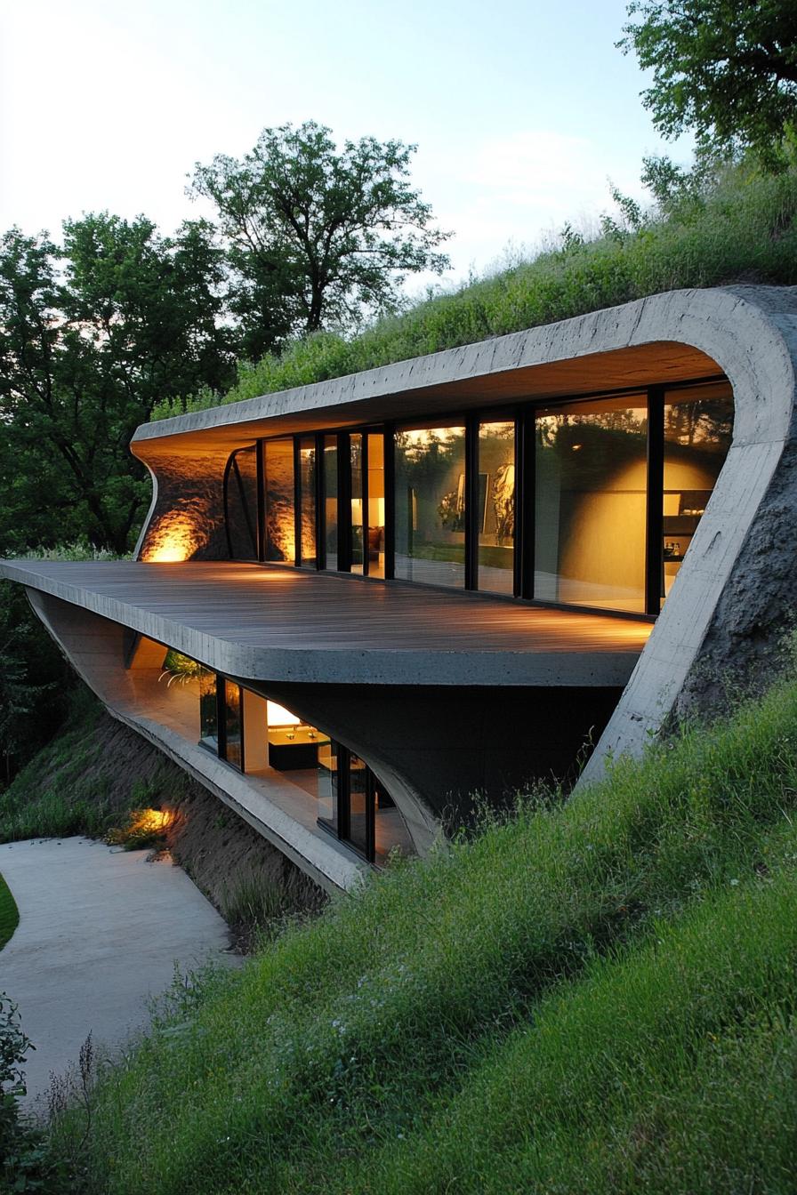 modern earth sheltered house built into hillside with cantilevered deck on the side 1