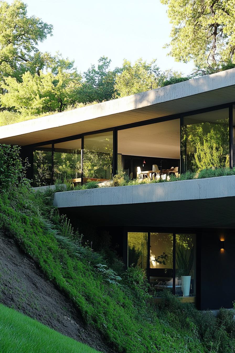 modern earth sheltered house built into hillside with cantilevered deck on the side 2