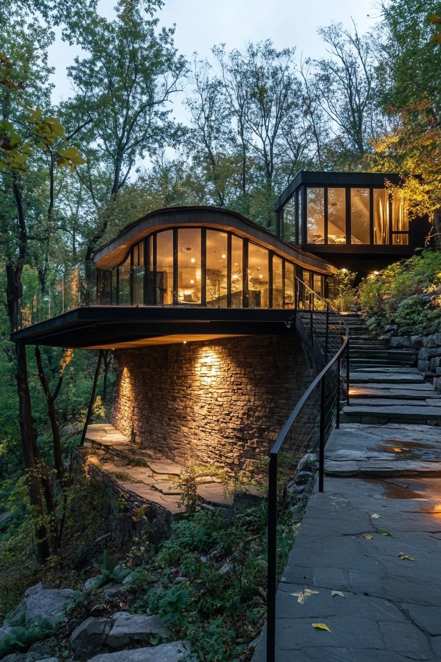 modern earth sheltered house built into hillside with cantilevered deck on the side 3