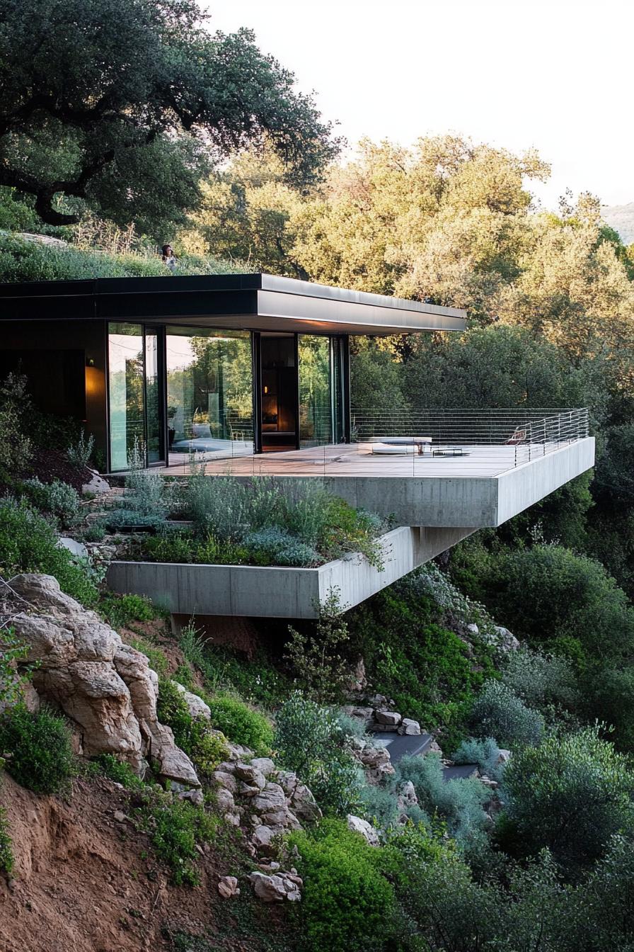 modern earth sheltered house built into hillside with cantilevered deck on the side