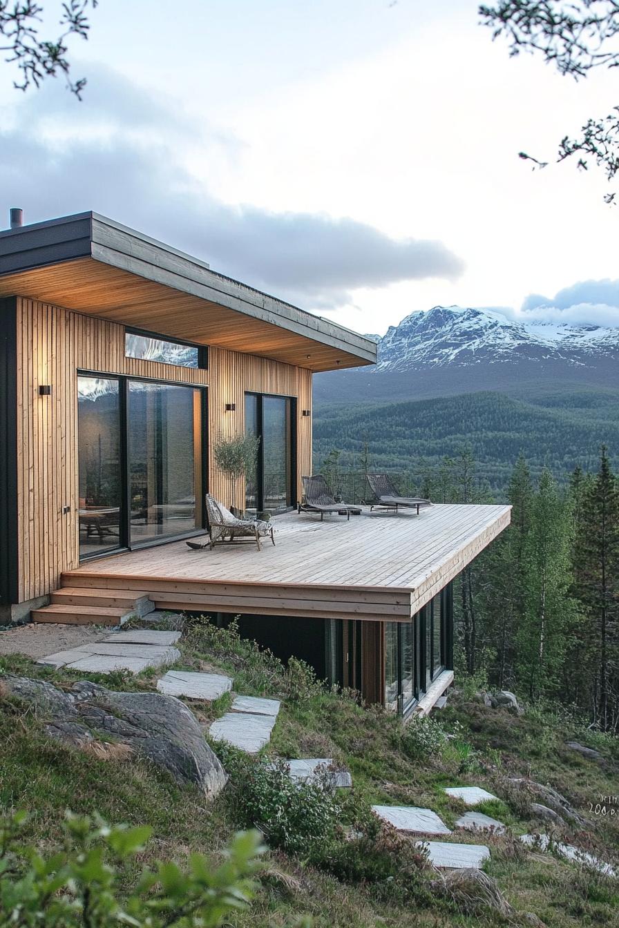 modern eco house on a slope with Scandinavian mountain views