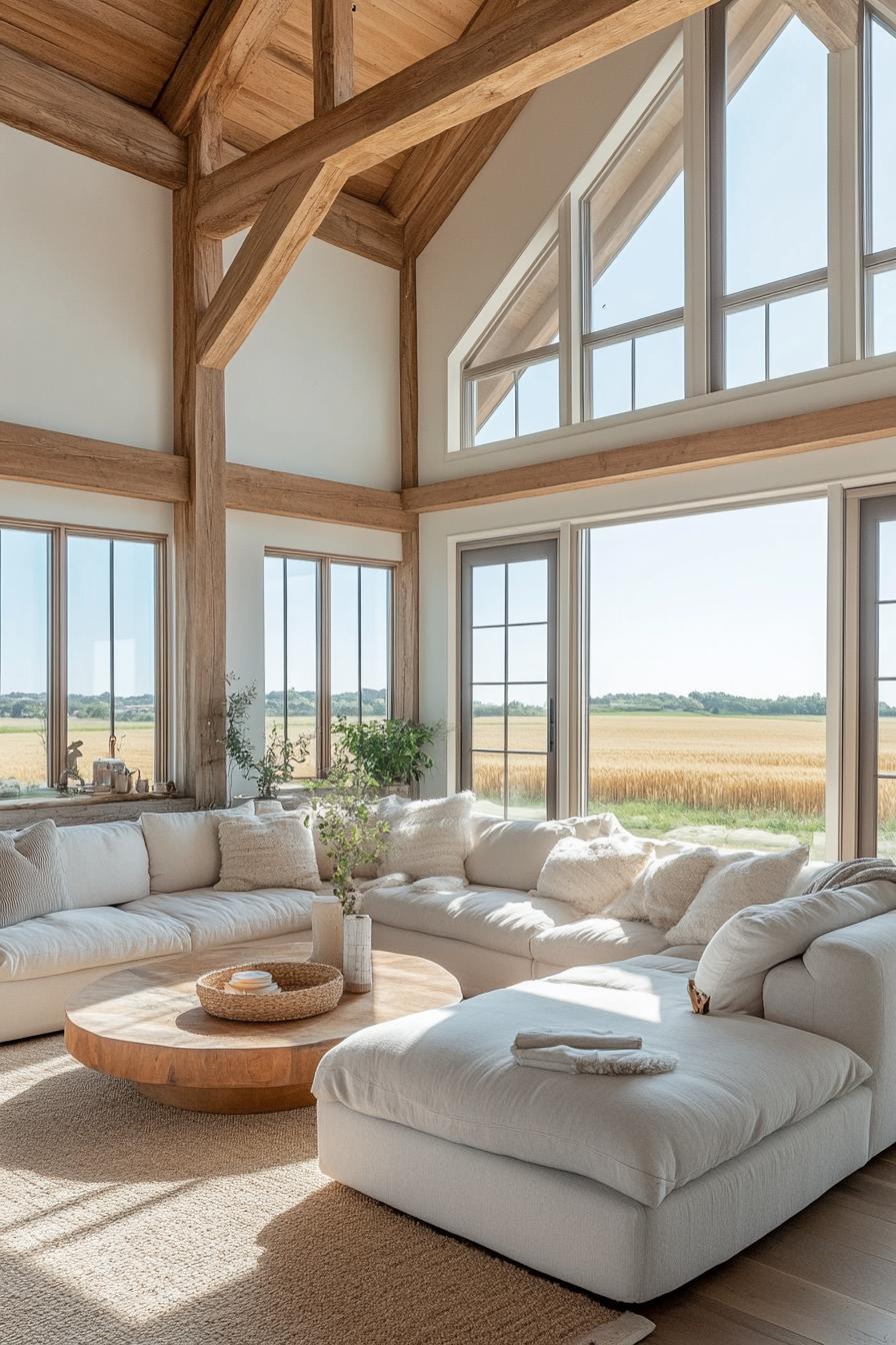 modern farmhouse L shaped living room with high ceiling and exposed wooden beams large windows overlooking stunning wheat fields 1