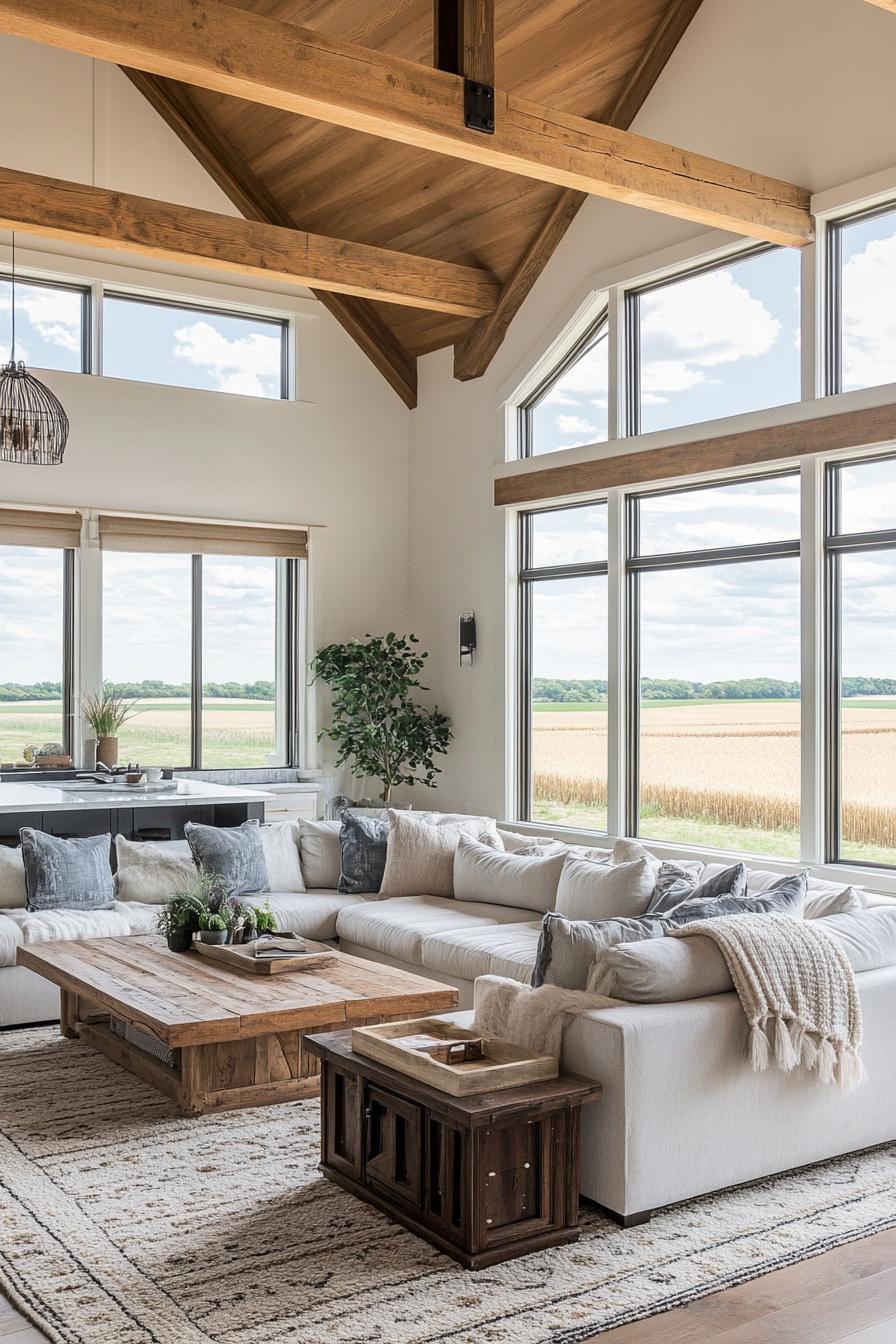 modern farmhouse L shaped living room with high ceiling and exposed wooden beams large windows overlooking stunning wheat fields 2