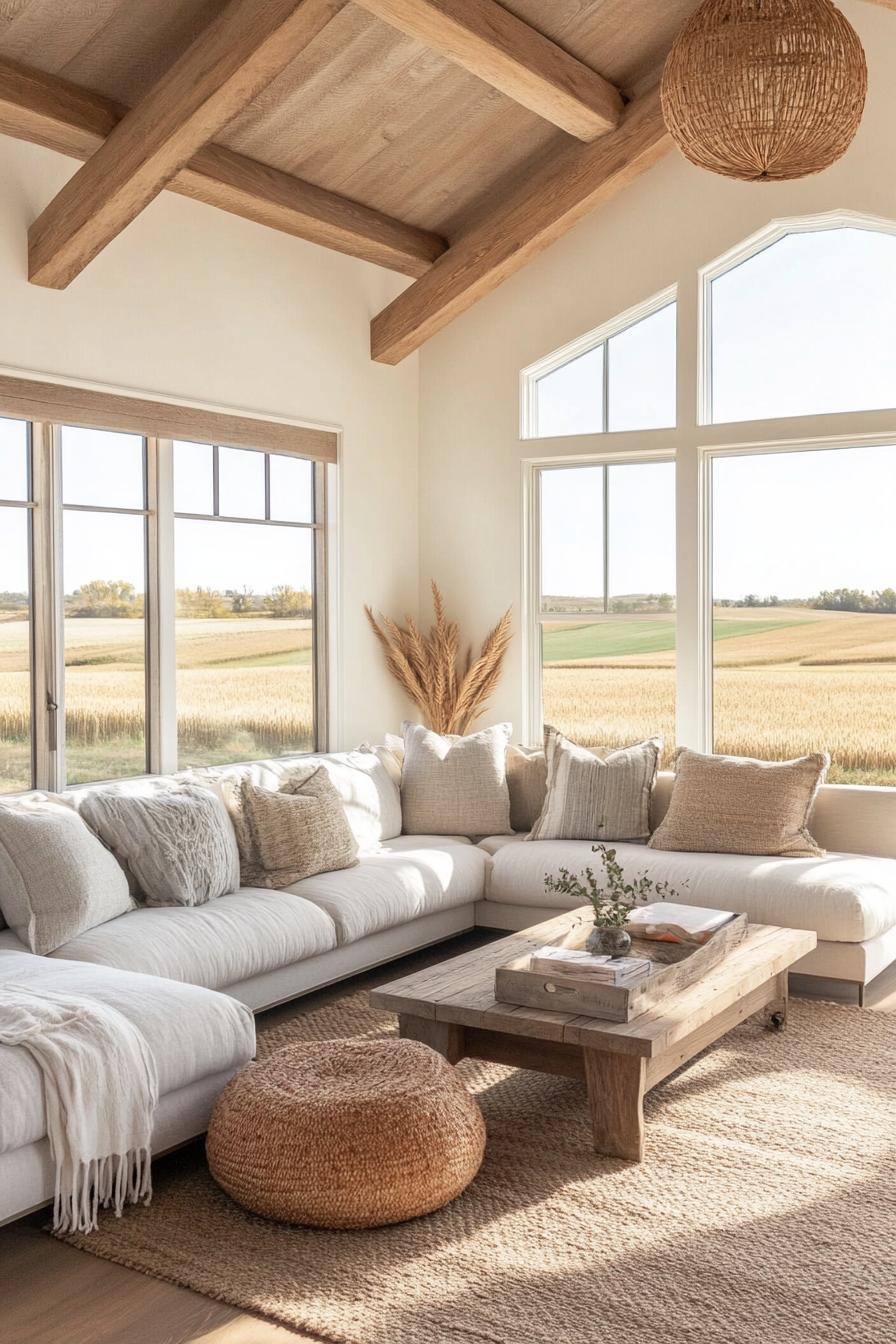 modern farmhouse L shaped living room with high ceiling and exposed wooden beams large windows overlooking stunning wheat fields 3