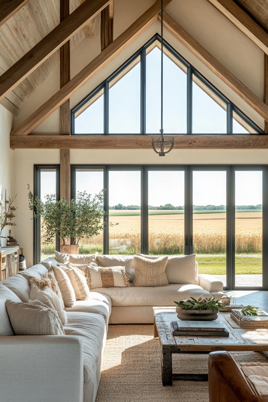 modern farmhouse L shaped living room with high ceiling and exposed wooden beams large windows overlooking stunning wheat fields