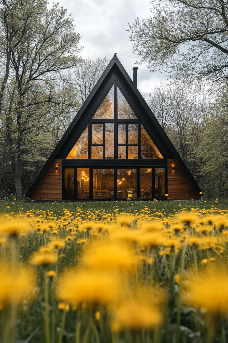 modern geometric a frame house facade with full wall black glass windows in a meadow of yellow dandelions 1