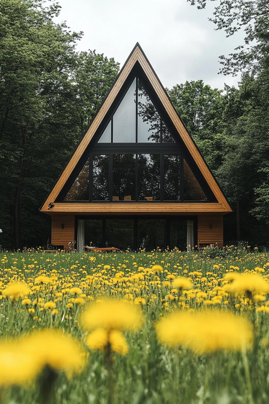 modern geometric a frame house facade with full wall black glass windows in a meadow of yellow dandelions 2