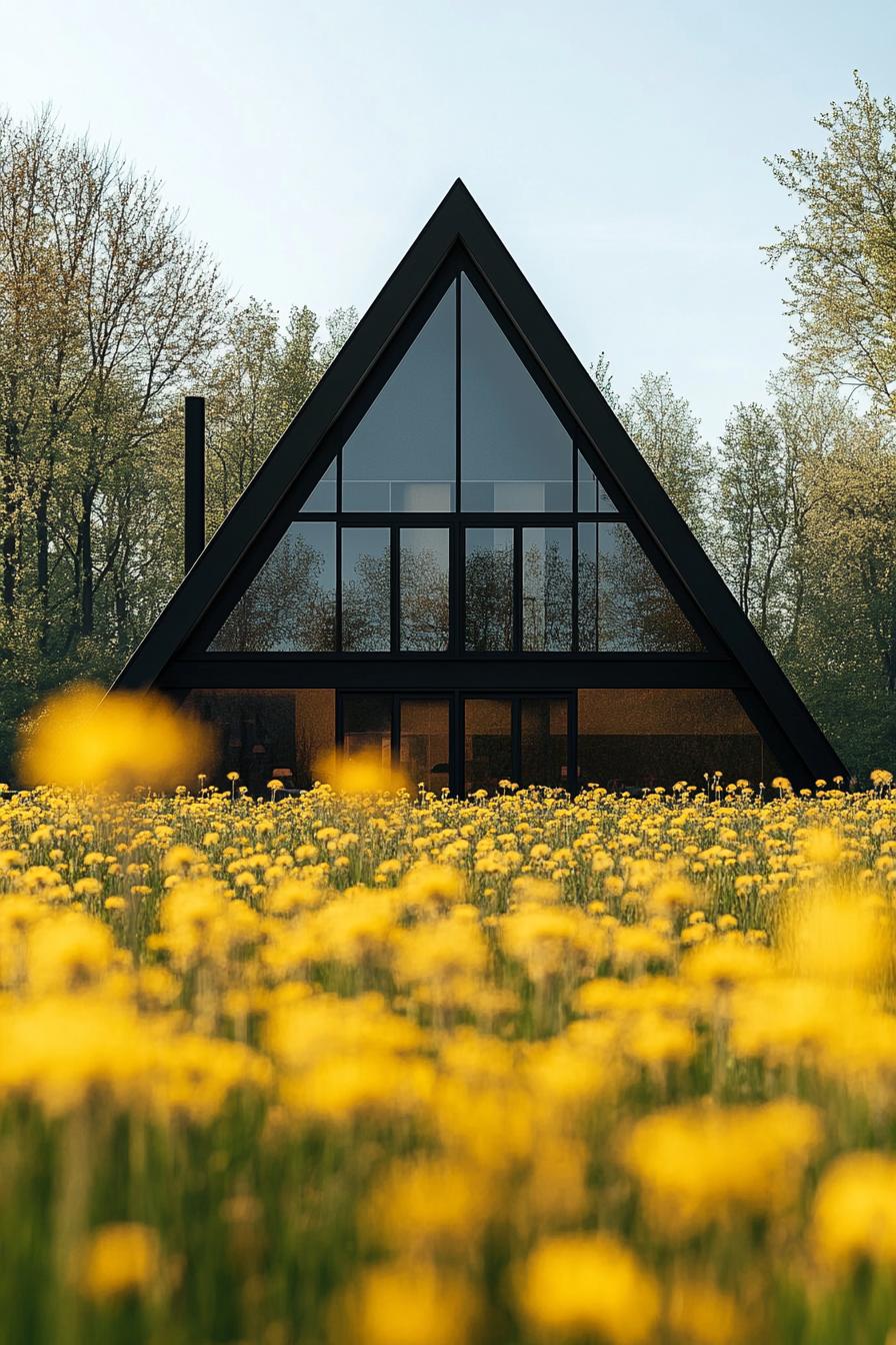 modern geometric a frame house facade with full wall black glass windows in a meadow of yellow dandelions 3