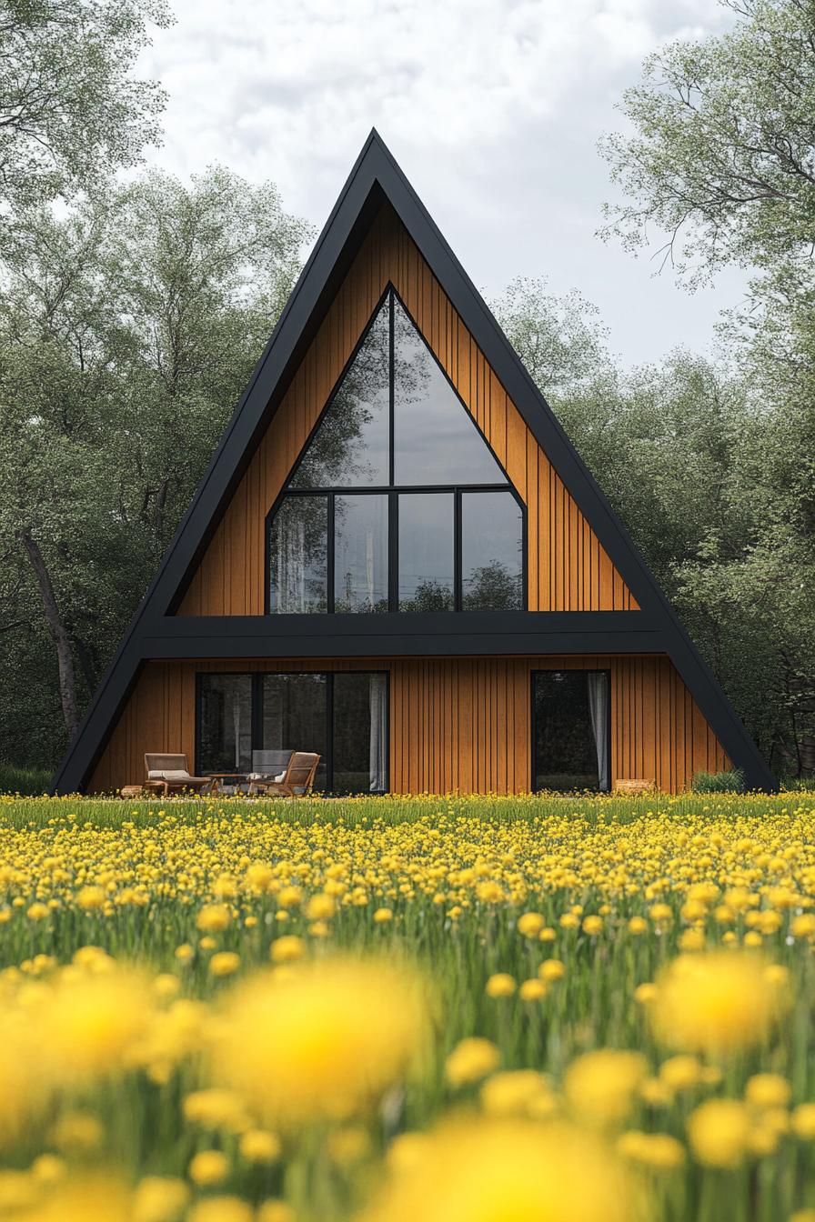 modern geometric a frame house facade with full wall black glass windows in a meadow of yellow dandelions