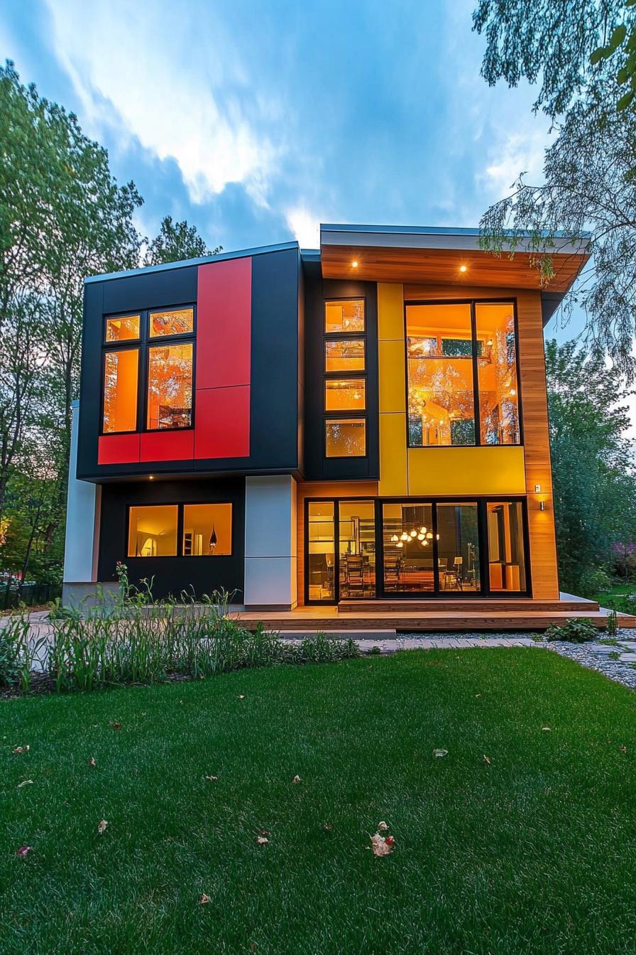 modern house facade with assymetrical windows and bold colors