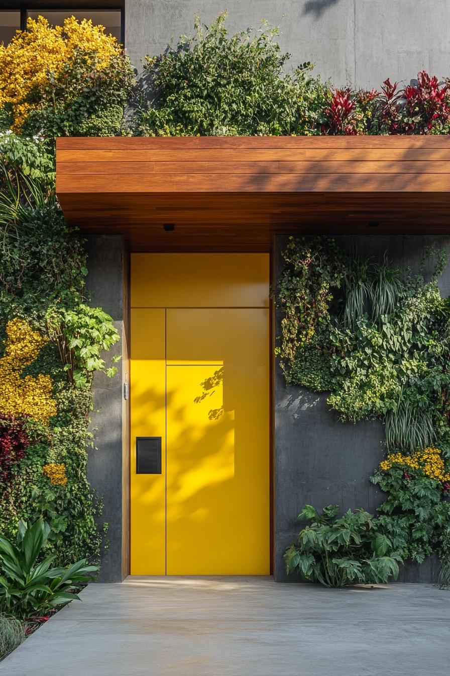 modern house facade with vertical garden wall and Textured Yellow front Door With Horizontal Wood Grain Patterns 1