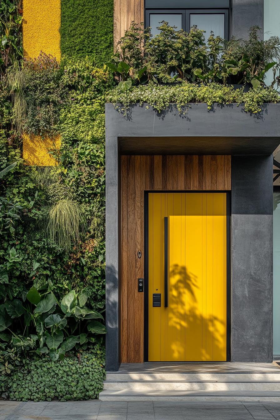 modern house facade with vertical garden wall and Textured Yellow front Door With Horizontal Wood Grain Patterns 2