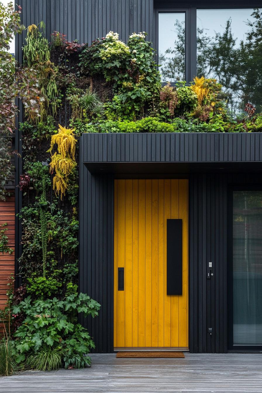 modern house facade with vertical garden wall and Textured Yellow front Door With Horizontal Wood Grain Patterns 3