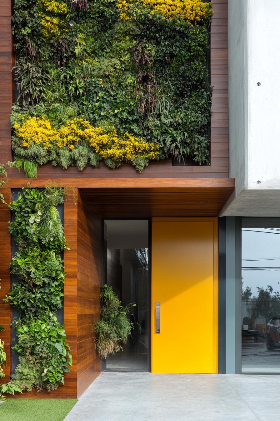 modern house facade with vertical garden wall and Textured Yellow front Door With Horizontal Wood Grain Patterns