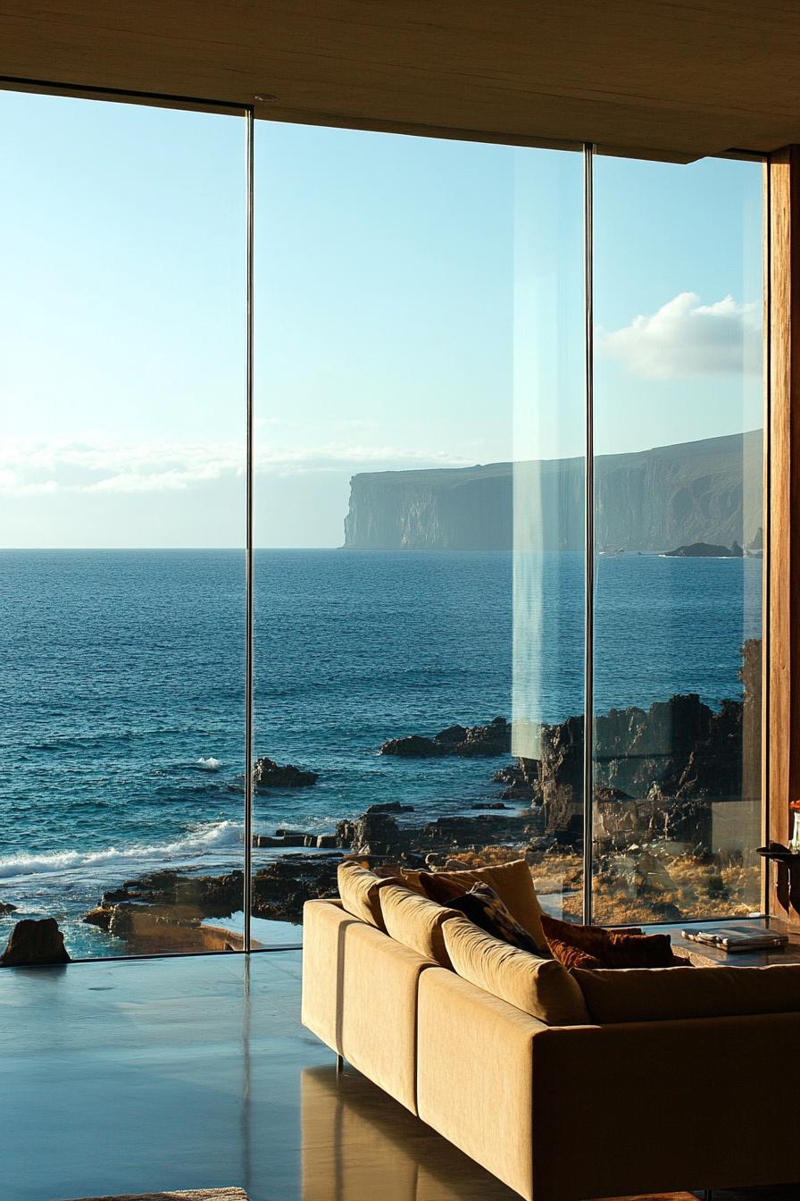 modern house interior with full wall windows looking into stunning volcanic island seashore 1