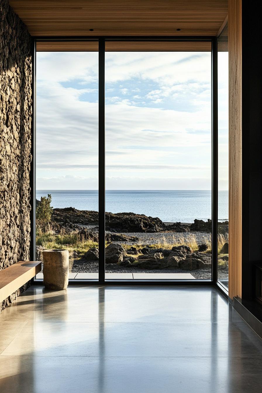 modern house interior with full wall windows looking into stunning volcanic island seashore 3