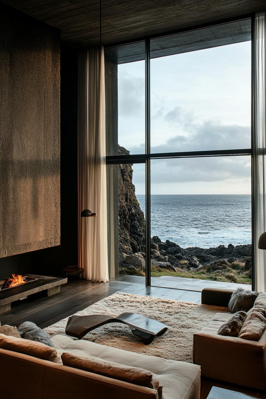 modern house interior with full wall windows looking into stunning volcanic island seashore