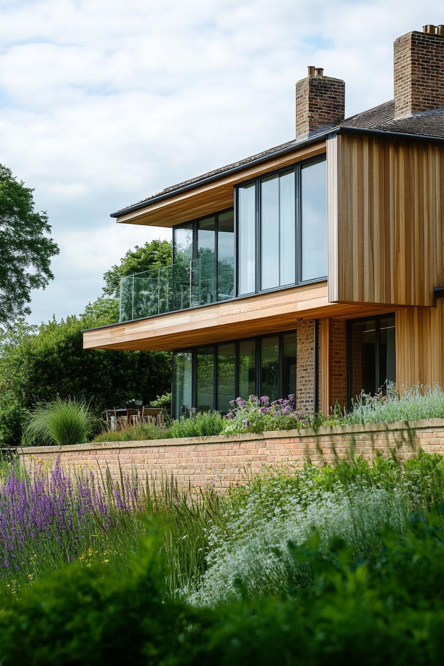 modern house with natural cedar shiplap exterior and brick foundation English countryside landscape 1