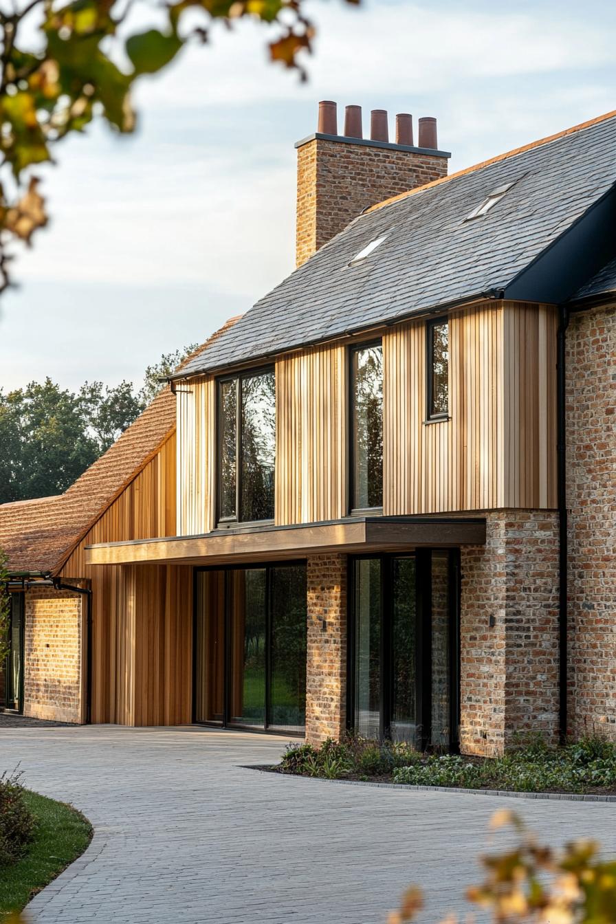 modern house with natural cedar shiplap exterior and brick foundation English countryside landscape 2