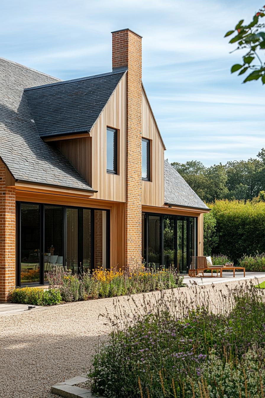 modern house with natural cedar shiplap exterior and brick foundation English countryside landscape 3