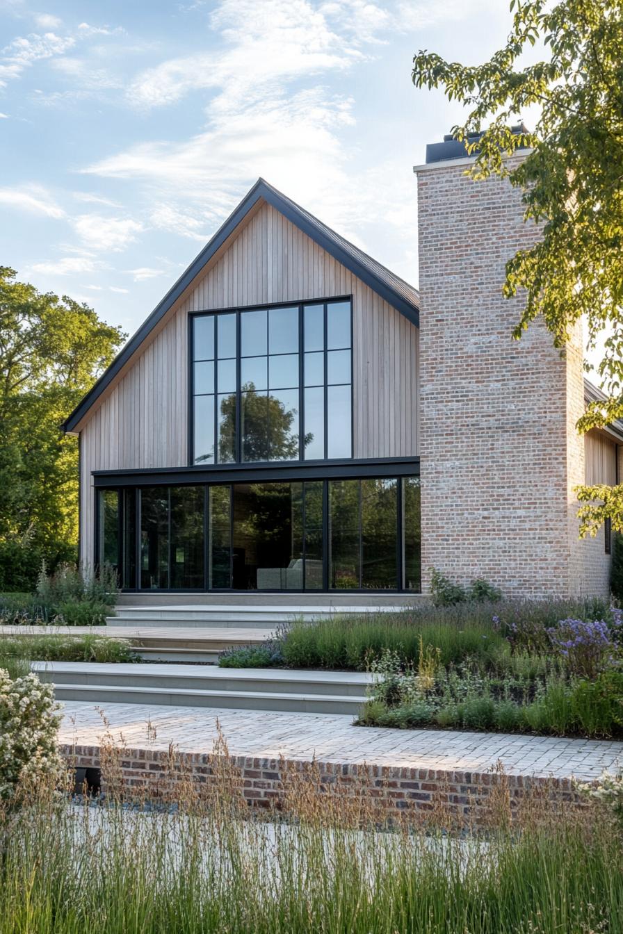 modern house with natural cedar shiplap exterior and brick foundation English countryside landscape