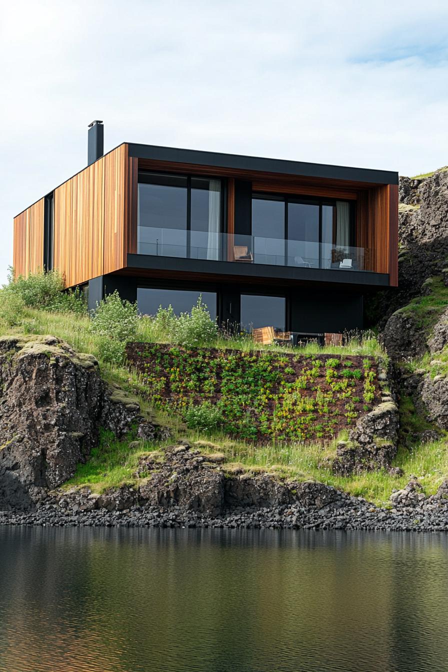 modern house with timber cladding and vertical wall gardens on a steep hill overlooking an Icelandic lake 1