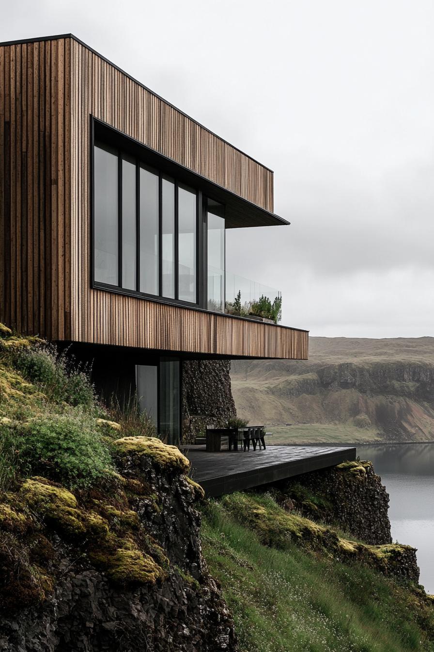 modern house with timber cladding and vertical wall gardens on a steep hill overlooking an Icelandic lake 2